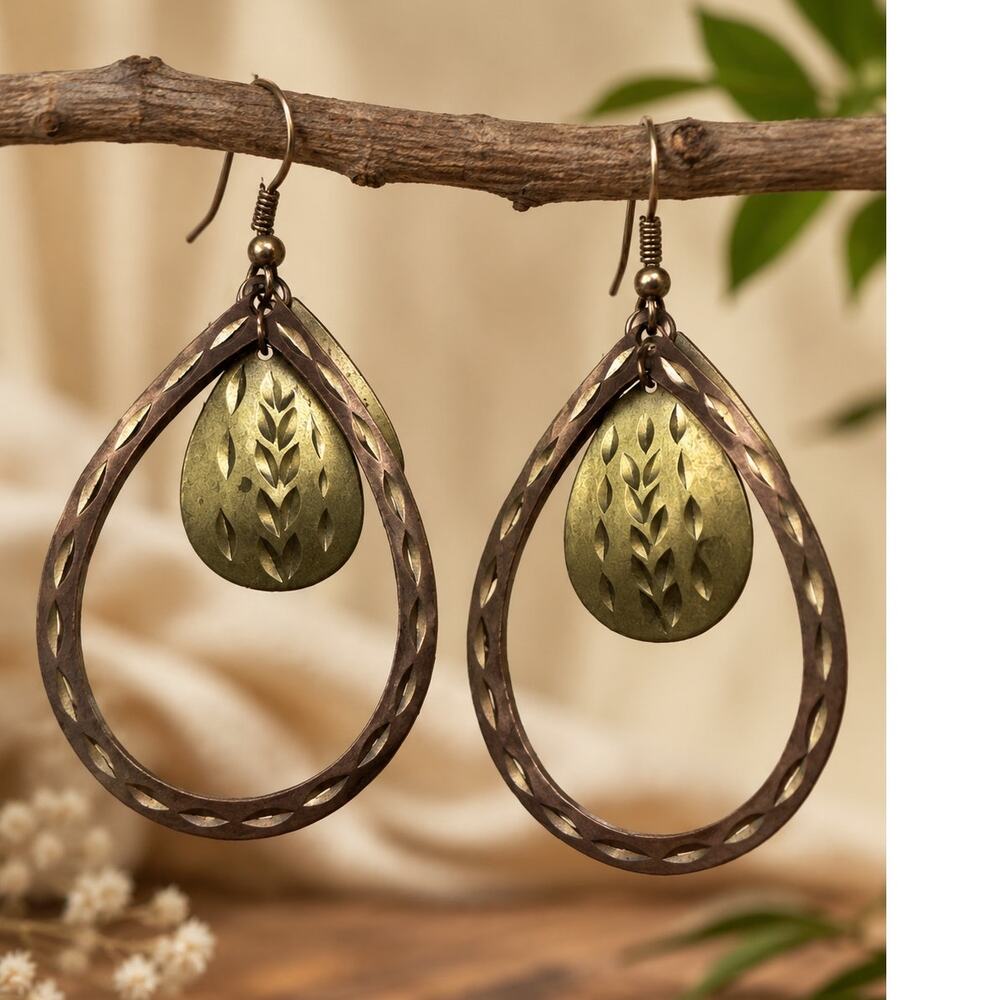 Vintage Mixed Metal Teardrop Dangle Earrings Boho Southwestern Rustic Jewelry